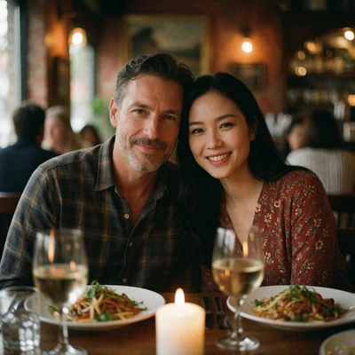 Western man and Vietnamese woman smiling together over dinner in a warmly lit restaurant, illustrating a Vietnamese dating success story