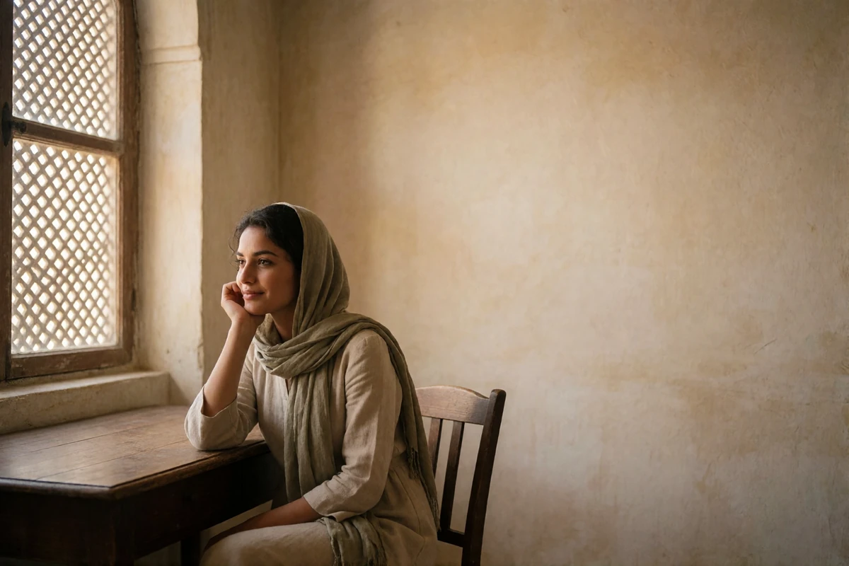 Yemeni woman in a sand-colored dress seated at a wooden desk beside a latticed window, illustrating a thoughtful dating profile portrait