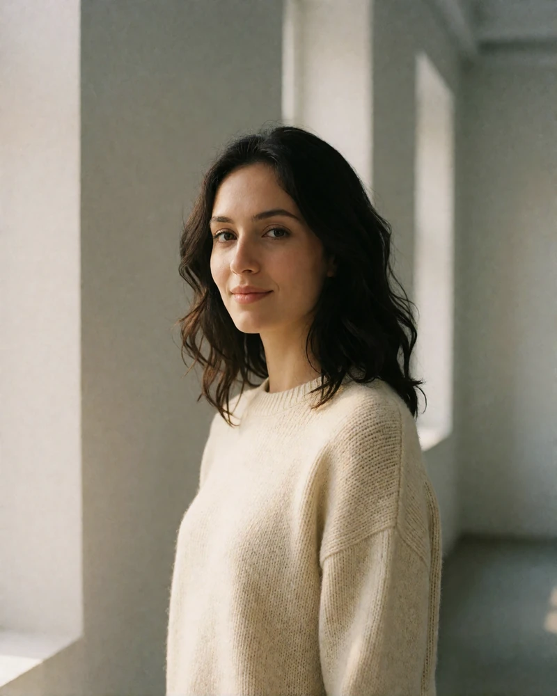 Turkmen woman in a cream knit sweater standing in a bright minimalist gallery corridor, candid Turkmen dating profile photography