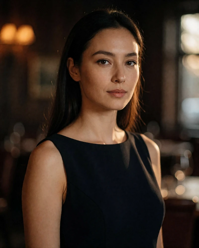 Kazakh woman in a black evening dress in a warm restaurant setting