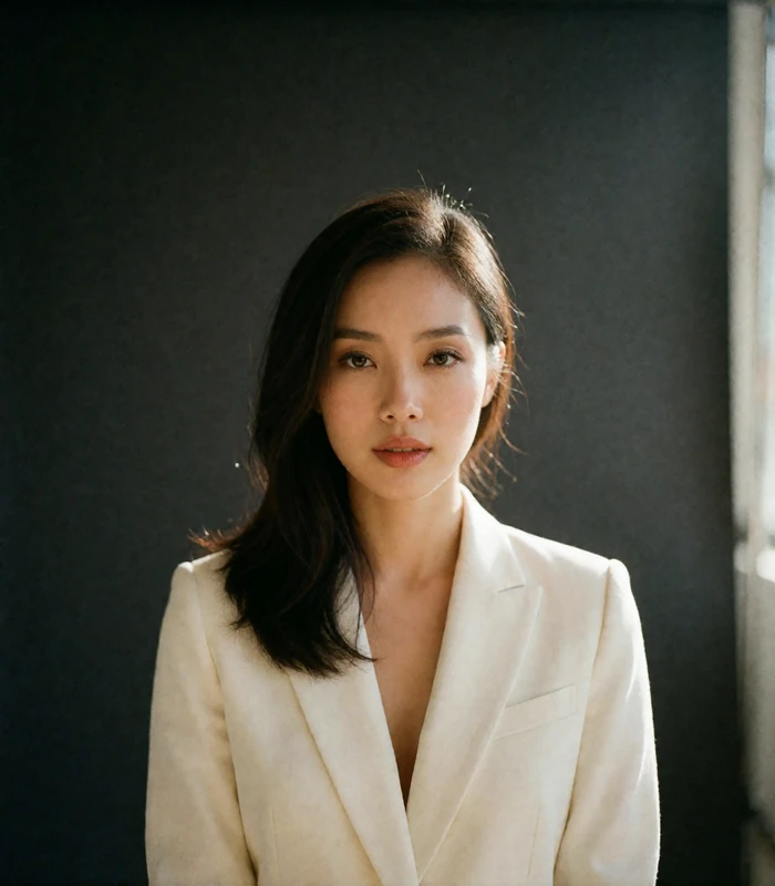 Vietnamese woman in a tailored cream blazer against a plain studio backdrop, illustrating a verified profile portrait on NaomiDate