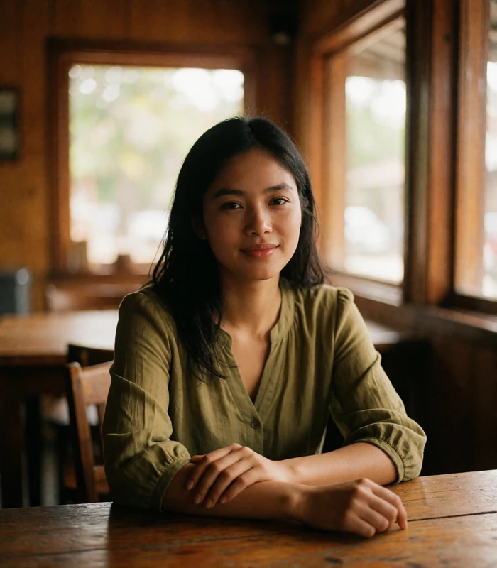 Burmese woman seated at a wooden table in a quiet teahouse, illustrating everyday Burmese dating profile photography