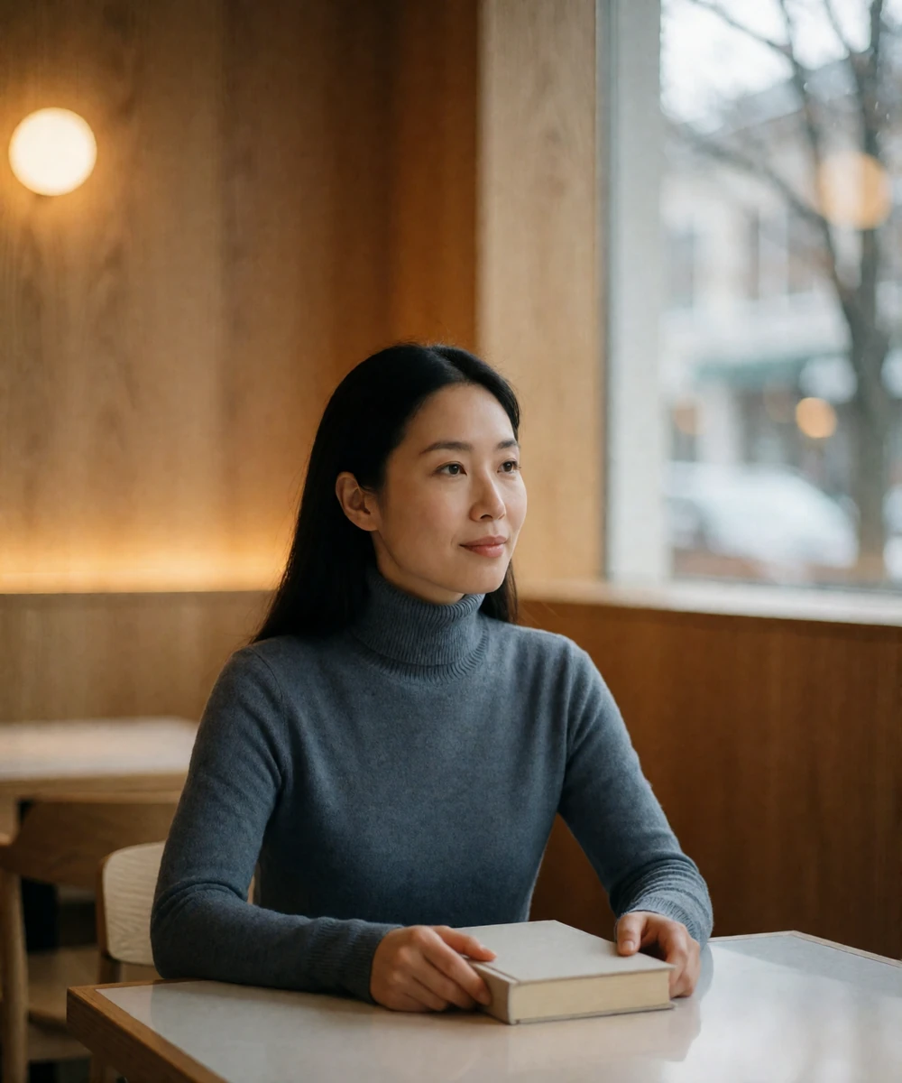 Asian professional woman in a slate grey turtleneck sitting alone at a corner table in an upscale minimalist cafe, holding a closed hardcover book