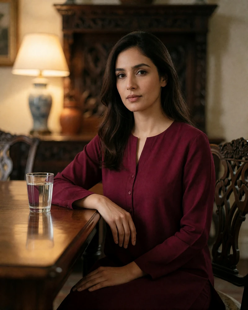 Pakistani woman in a burgundy outfit seated at a dining table, evening portrait illustrating a verified Pakistani dating profile