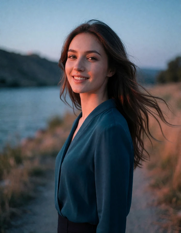 Tajik woman in a teal blouse on a riverbank path at dusk, evening portrait illustrating a verified Tajik dating profile