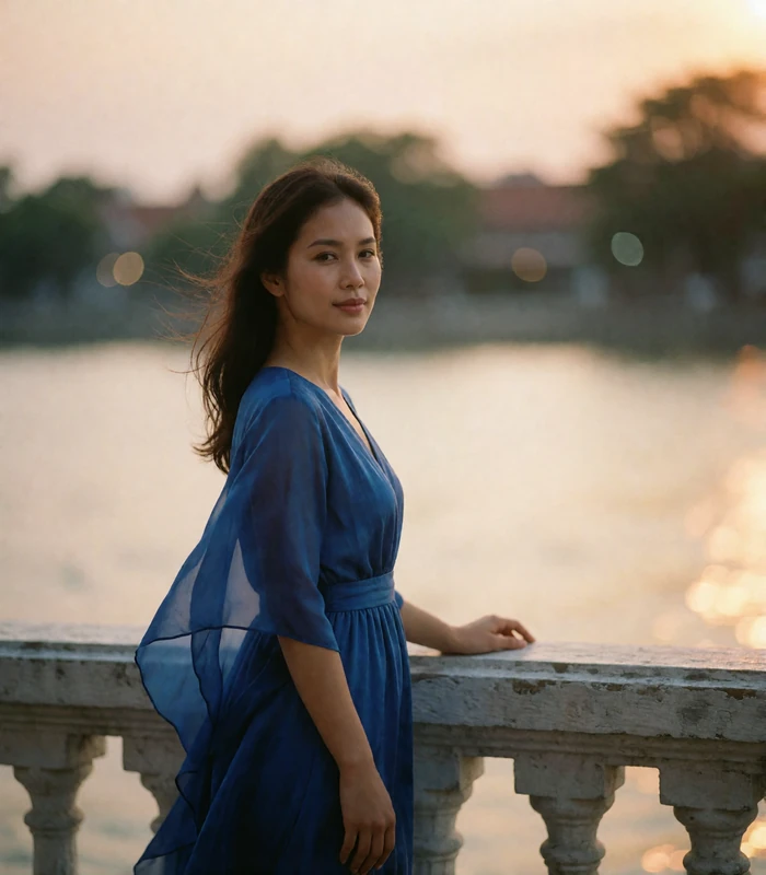 Thai woman in a sapphire dress standing at a riverfront balustrade at dusk, candid Thai dating profile photography