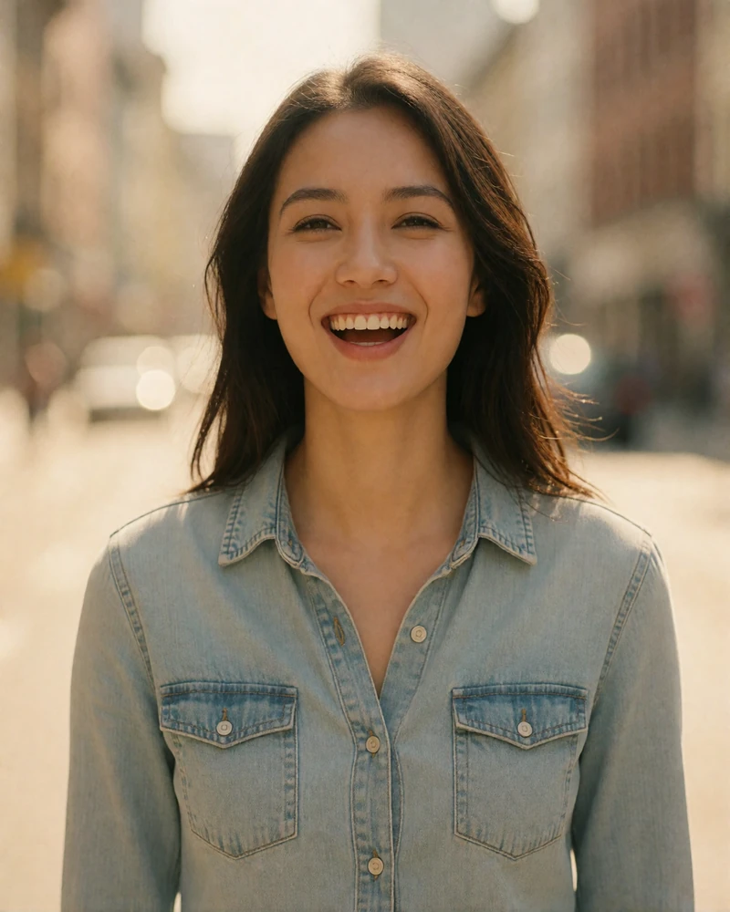 Malaysian woman laughing softly on a sunlit city street, a candid photo-verified Malaysian dating profile example