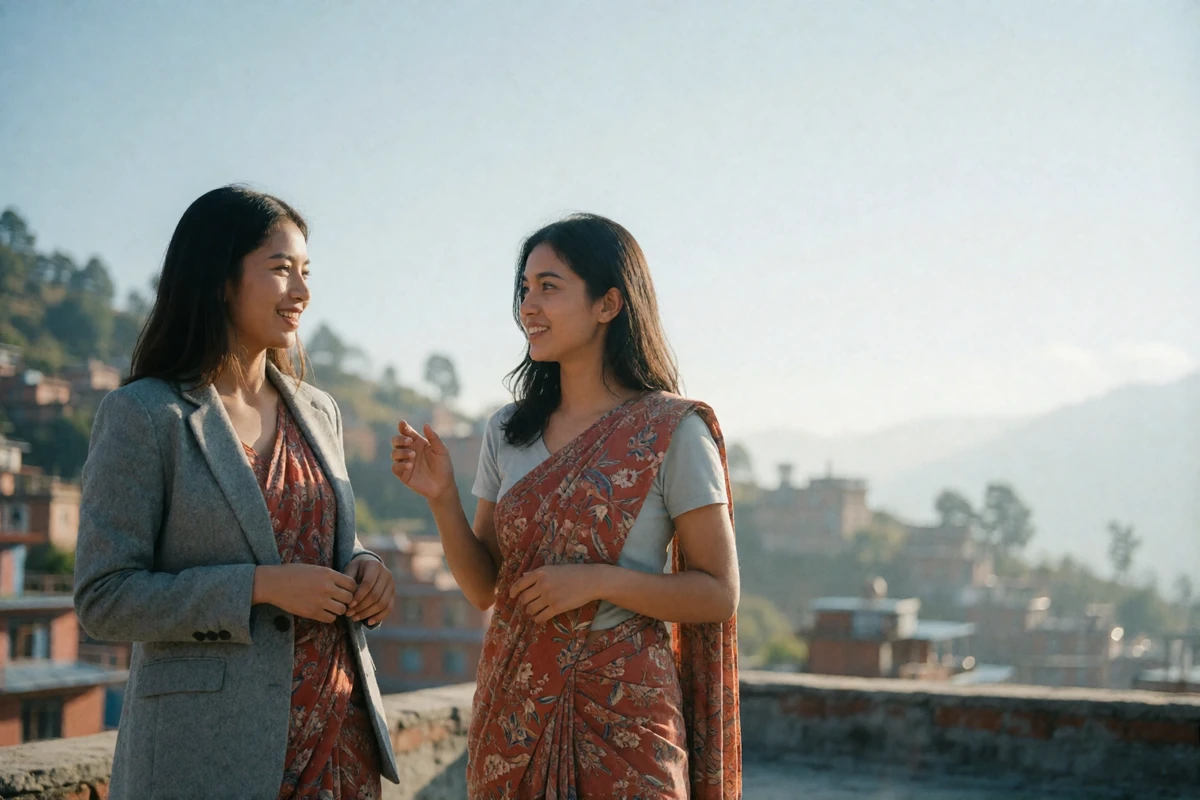 Two Nepali women talking on a sunlit rooftop overlooking a hillside town, illustrating everyday life connected to Nepali dating platforms