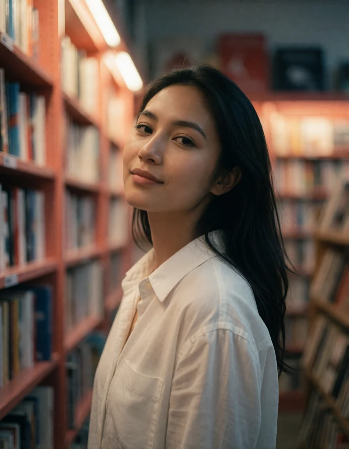 Singaporean woman in a white cotton shirt standing in a softly lit bookshop aisle, everyday Singaporean dating profile photography