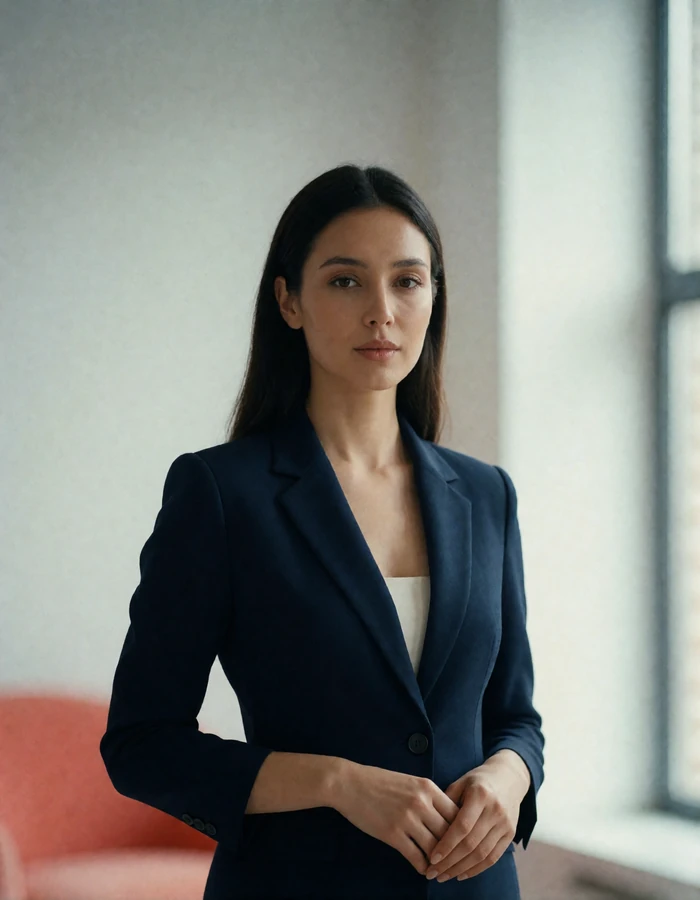 Tajik woman in a tailored navy jacket in a bright modern workspace, an example of a career-oriented Tajik dating profile