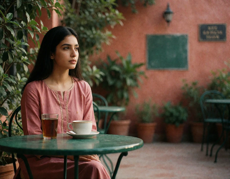 Pakistani woman in a rose kurta seated with a cup of tea on a terrace, illustrating a Dating With Asian Ladies profile style