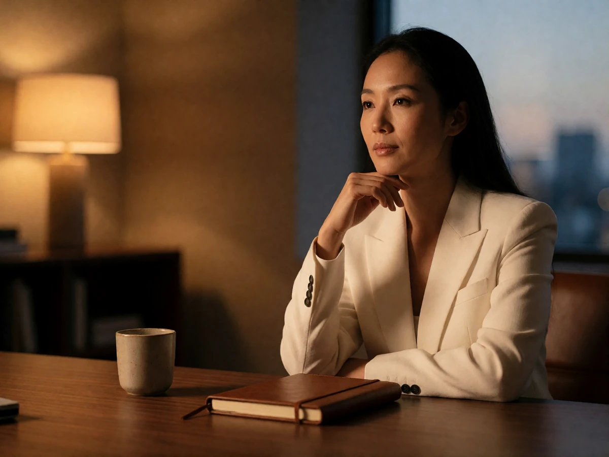 Asian woman in a cream blazer resting her chin on her hand at a walnut desk in a quiet upscale office at dusk, illustrating our editorial review process