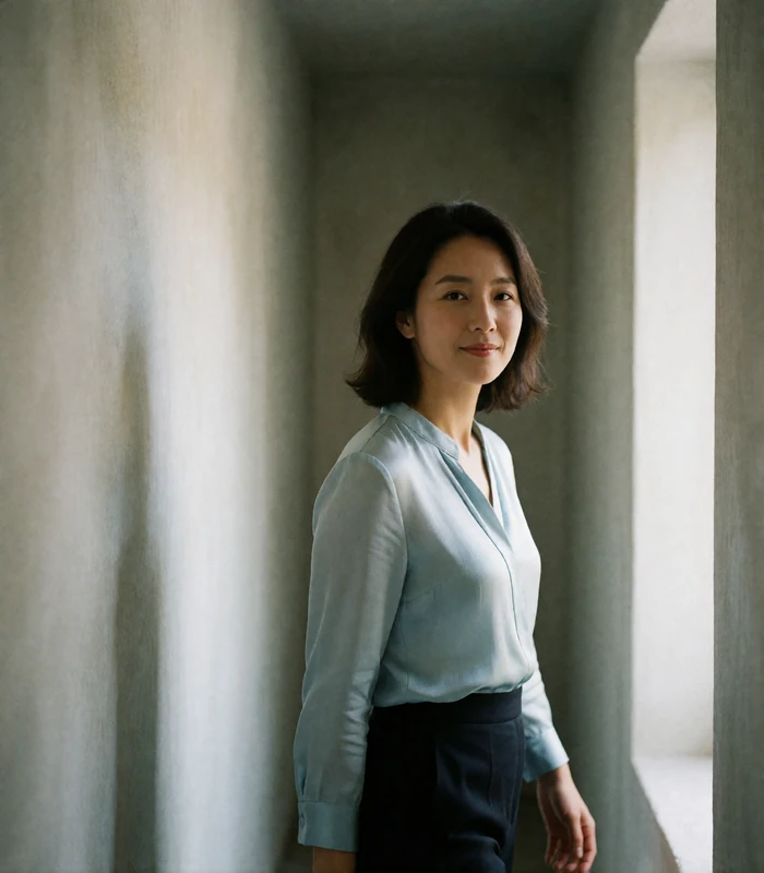 Korean woman in a pale blue silk blouse walking along a minimalist corridor, glancing back with a soft smile