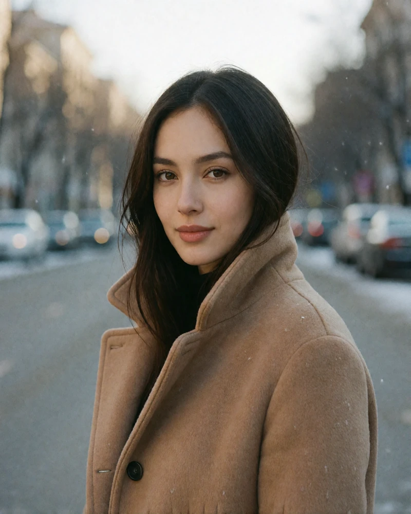 Kazakh woman in a camel wool coat outdoors in winter