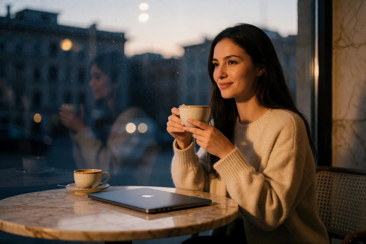 Turkmen woman smiling at a marble café table beside a window at dusk, illustrating a Turkmen dating platform profile