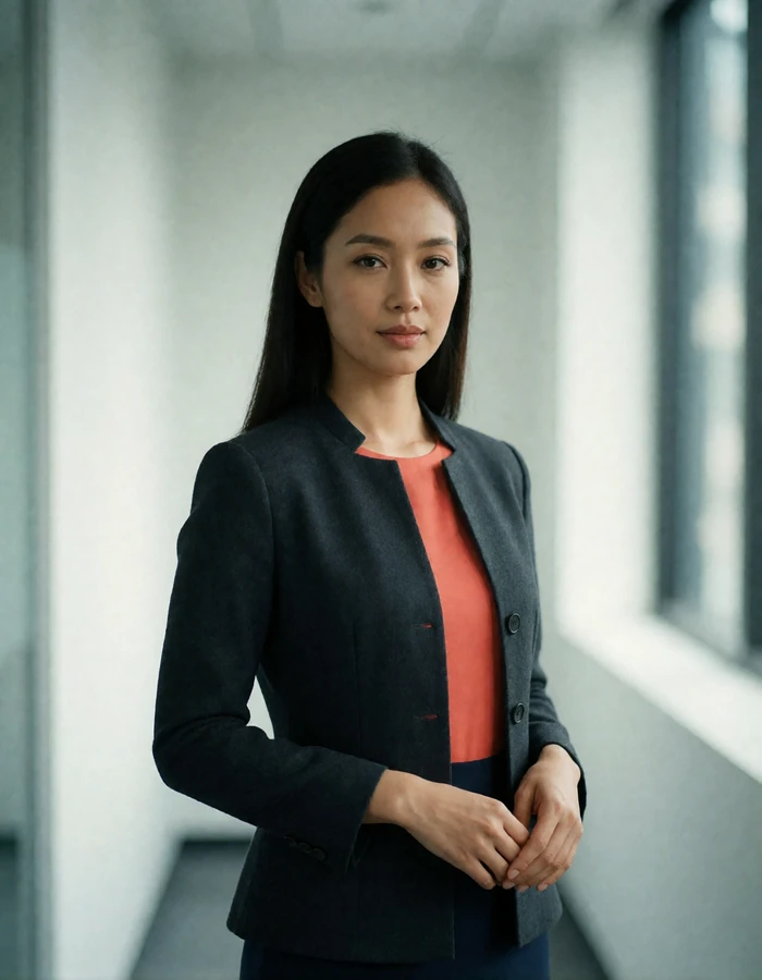 Bruneian woman in a tailored charcoal jacket standing in a bright modern office corridor, an example of a verified dating profile