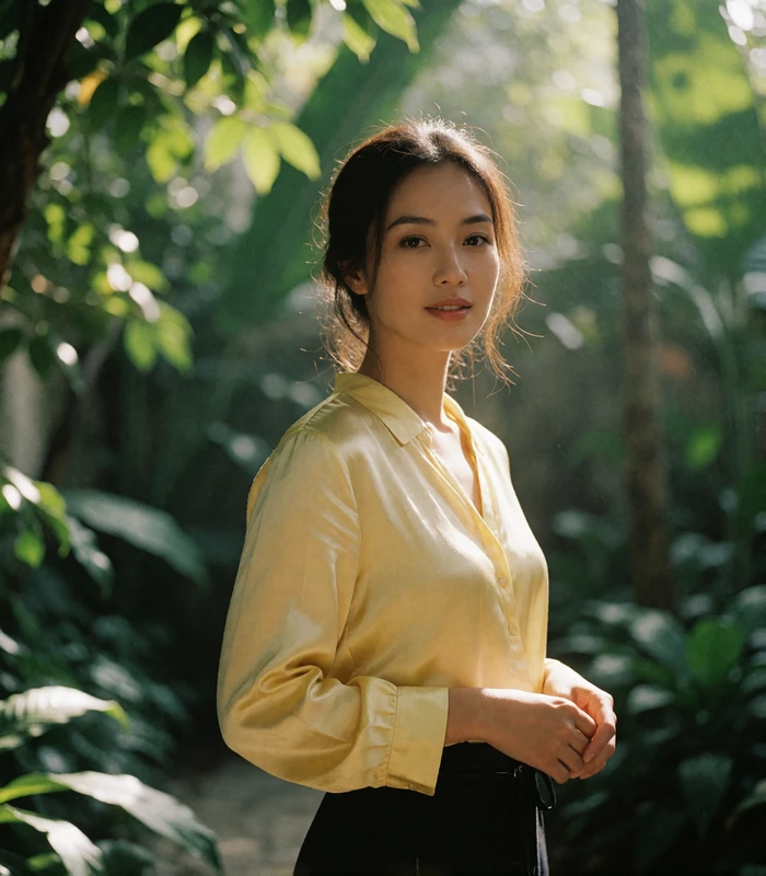 Vietnamese woman in a pale yellow silk blouse standing in a shaded tropical garden, natural candid portrait