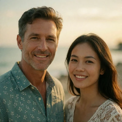 Western man and Thai woman smiling together at a warm coastal evening scene, illustrating a Thai dating success pattern