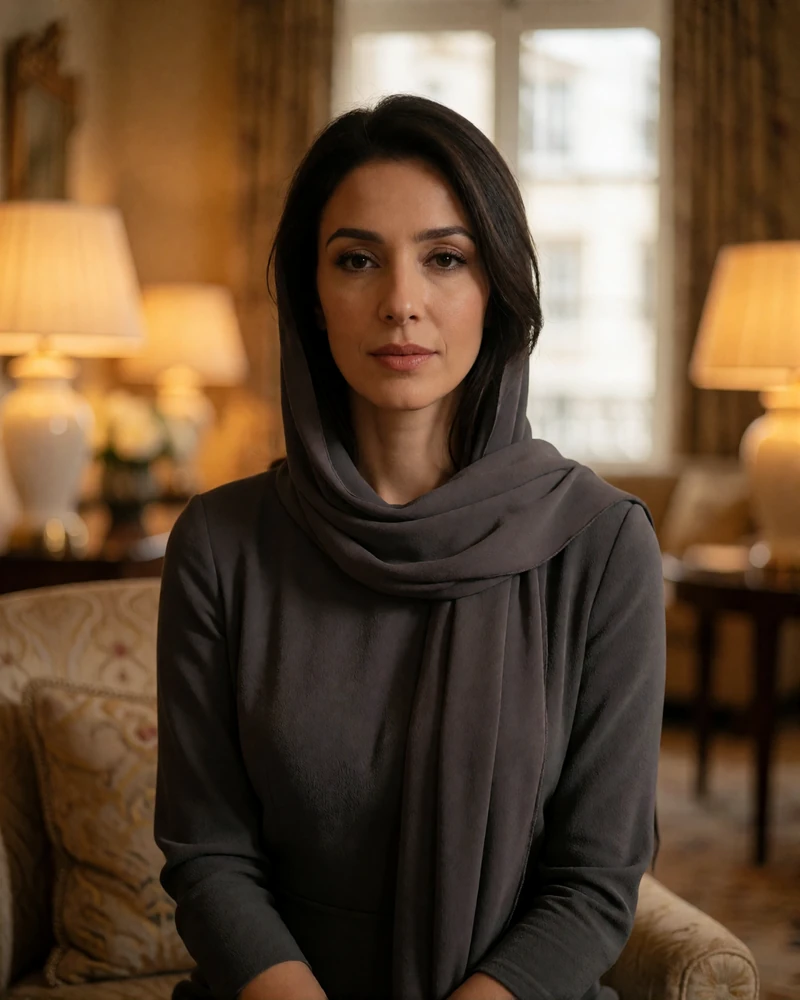 Yemeni woman in an elegant charcoal dress seated in an upscale hotel lounge with warm lamps behind her