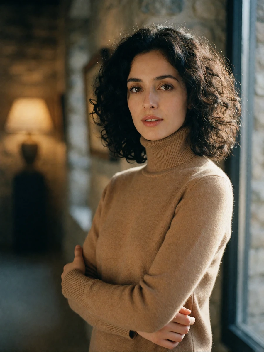 Armenian woman in a camel turtleneck standing in a softly lit stone-walled gallery, an example of a verified Armenian dating profile portrait