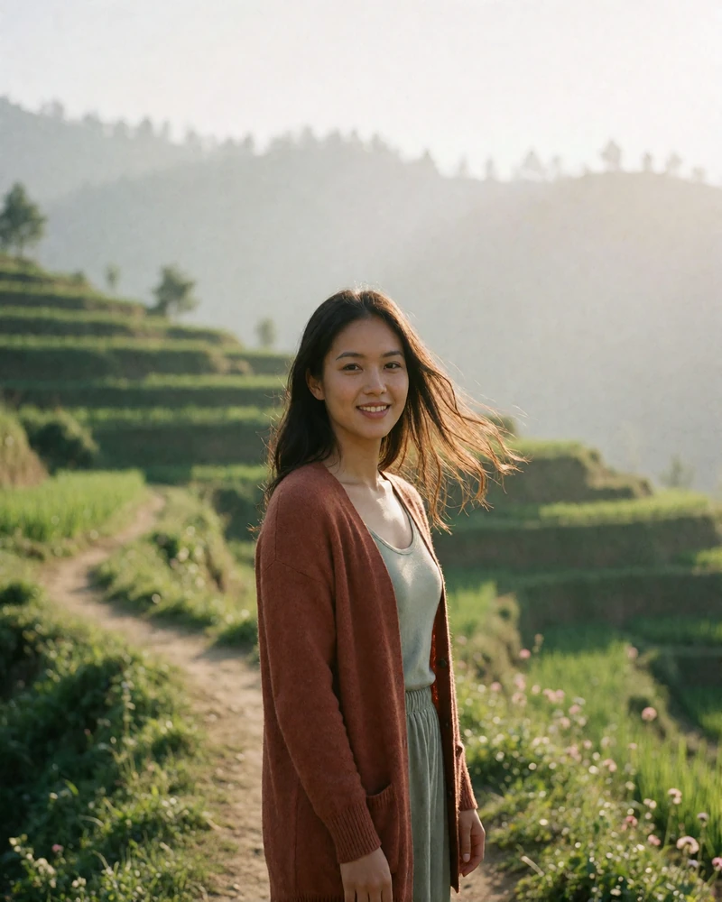 Nepali woman in a rust cardigan on a terraced hillside path, outdoor lifestyle Nepali dating profile photography