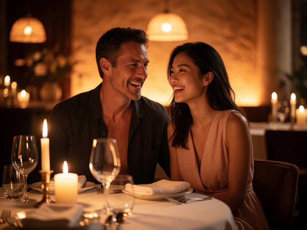 Western man in his forties and Asian woman laughing together over a candlelit dinner in a fine-dining restaurant