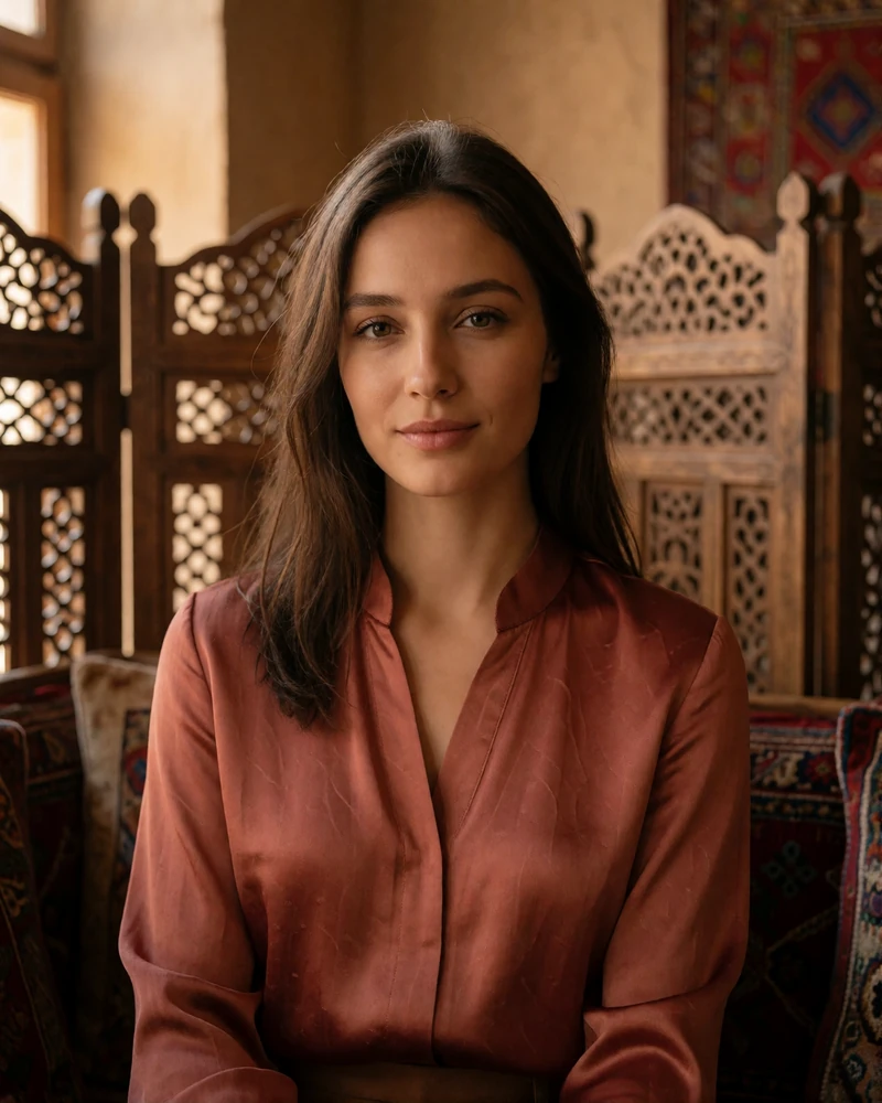 Turkmen woman in a rust silk blouse seated in a warmly lit traditional teahouse, an example of a photo-verified Turkmen dating profile
