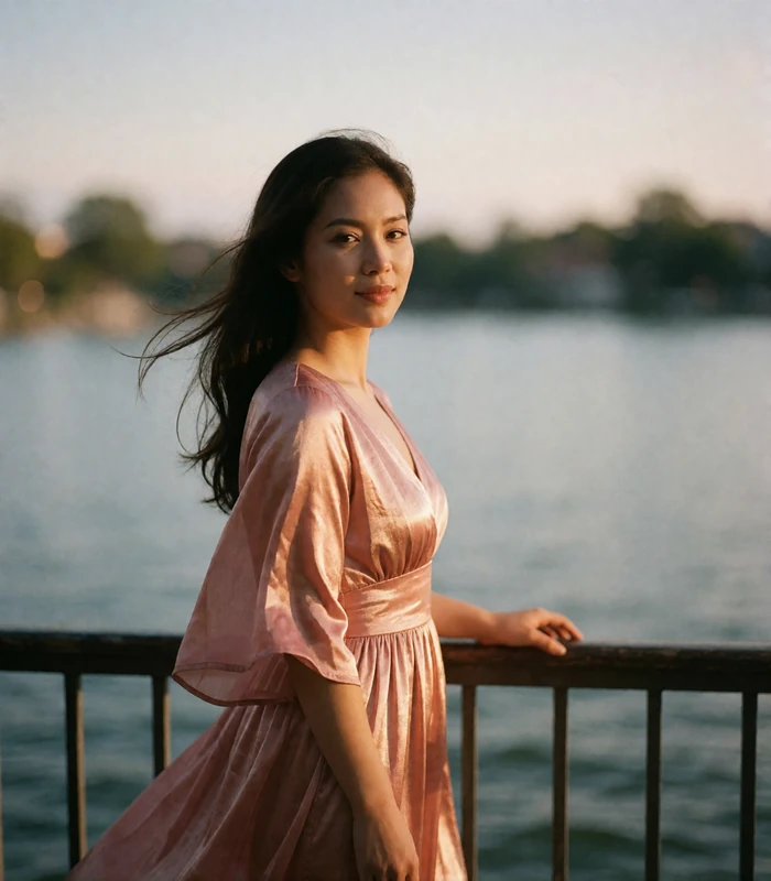 Burmese woman in a rose-gold dress standing at a lakeside railing at dusk, candid Burmese dating profile photography