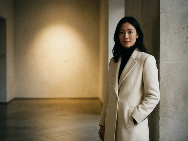 Confident Asian woman in a cream coat standing in a softly lit gallery corridor, an example of a serious international dating profile