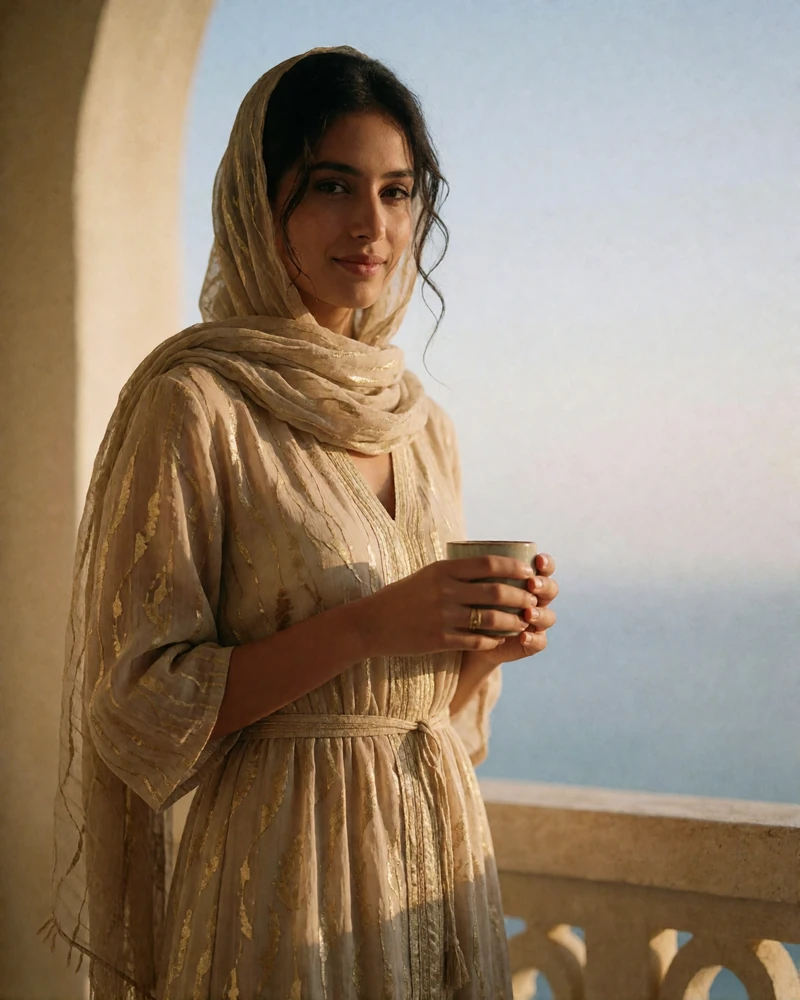 Yemeni woman in a warm sand dress standing on a sunlit balcony holding a small cup