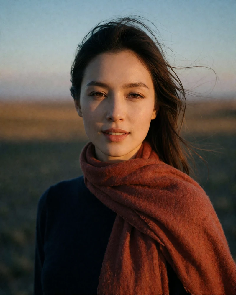 Kazakh woman in a rust scarf against a softly blurred steppe horizon at dusk