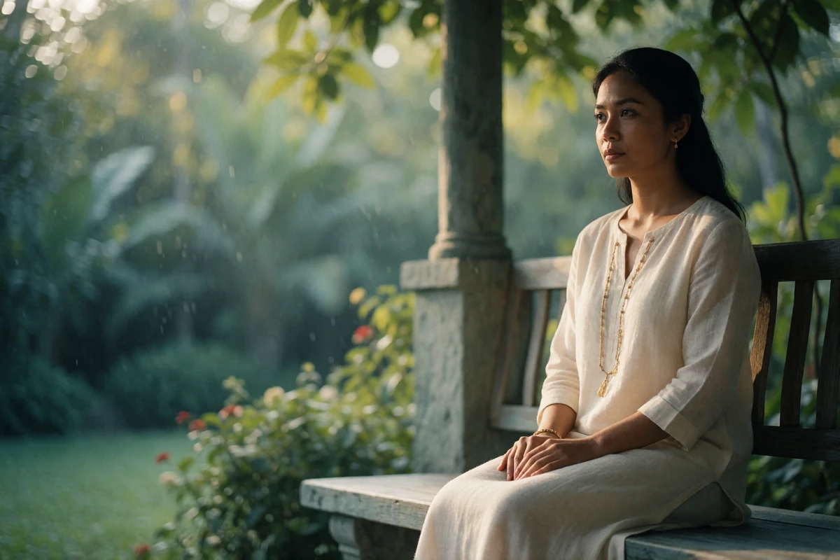 Modestly dressed Southeast Asian woman seated thoughtfully on a shaded garden pavilion bench, illustrating an Asian dating platform profile