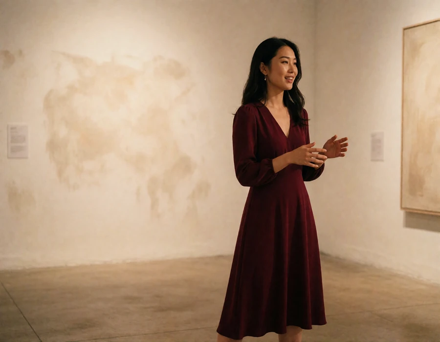 Asian woman in a deep burgundy dress gesturing mid-conversation in a contemporary art gallery in the evening
