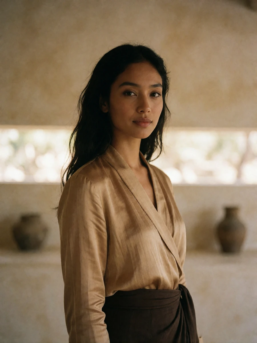 Burmese woman in a sand-coloured silk blouse in a softly lit contemporary interior, an example of a Burmese dating profile portrait