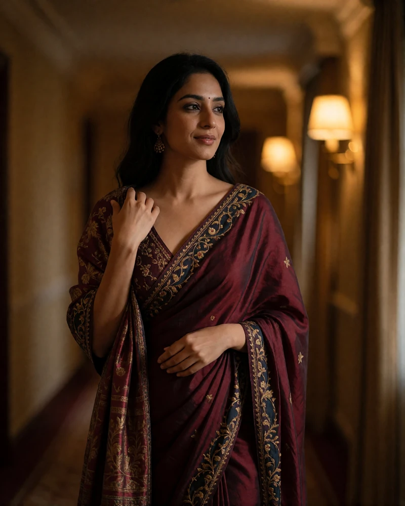 Indian woman in a burgundy evening gown in a warmly lit hotel corridor, illustrative elegant Indian dating profile photography