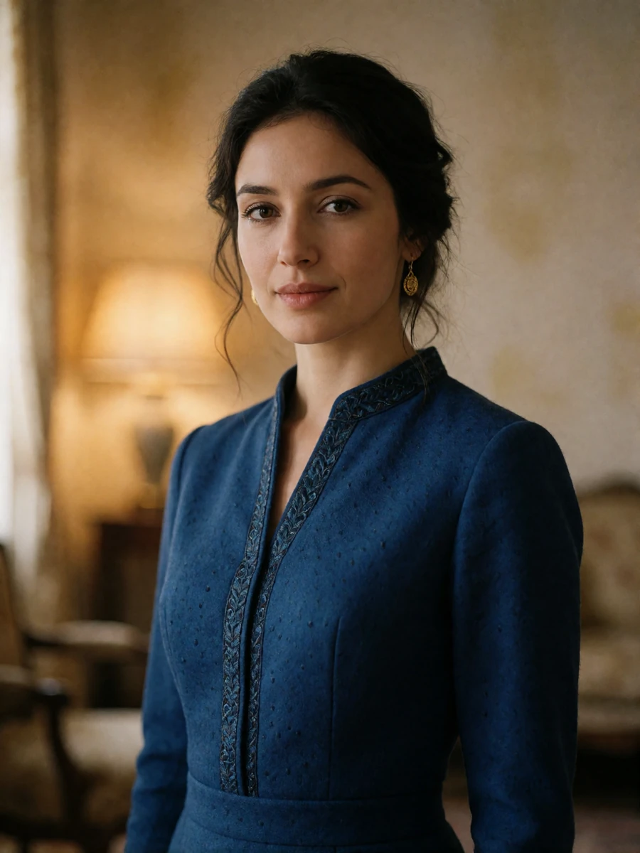 Elegant Uzbek woman in a sapphire blouse in a warm refined interior for Uzbek dating