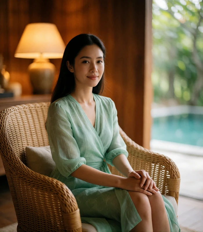 Thai woman in a jade wrap dress seated in a rattan armchair in an upscale resort lounge, illustrating everyday Thai dating profile photography