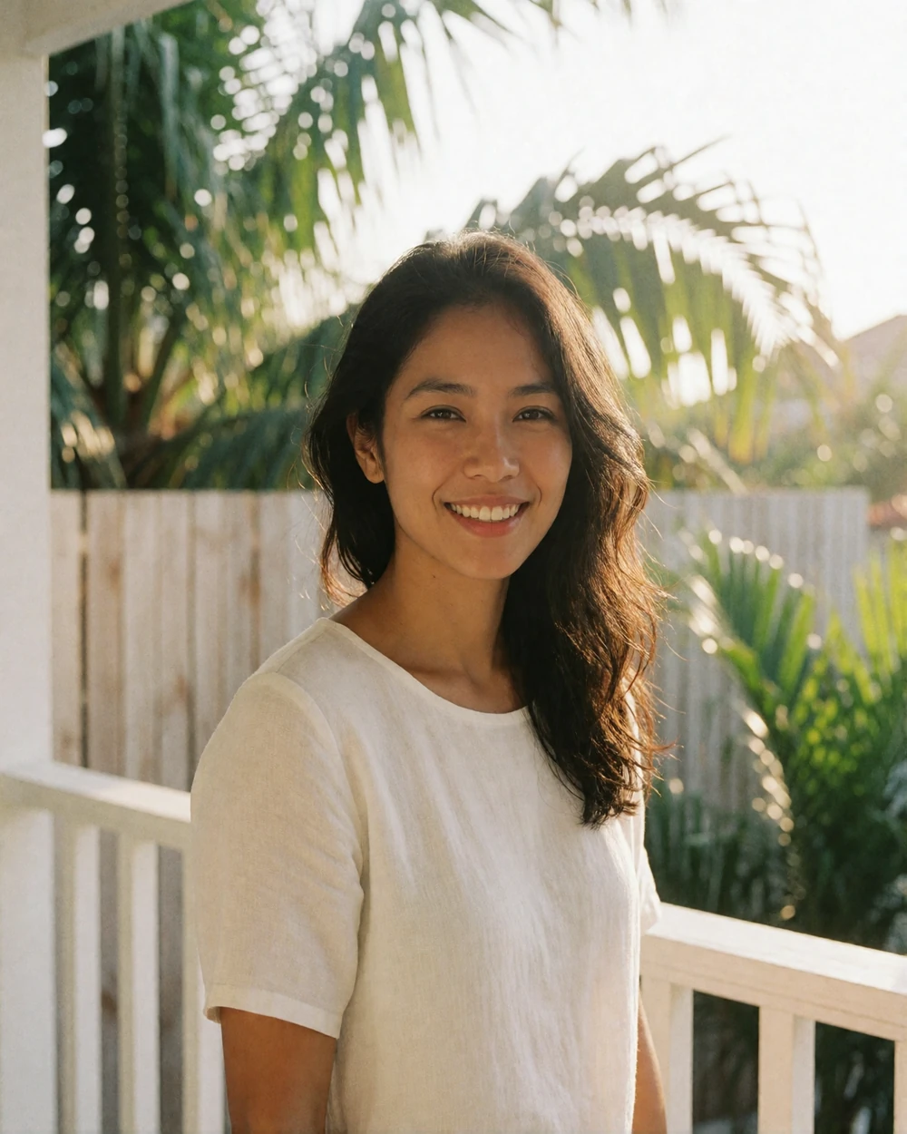 Warm portrait of a Filipina woman in a white linen blouse smiling naturally on a sunlit veranda