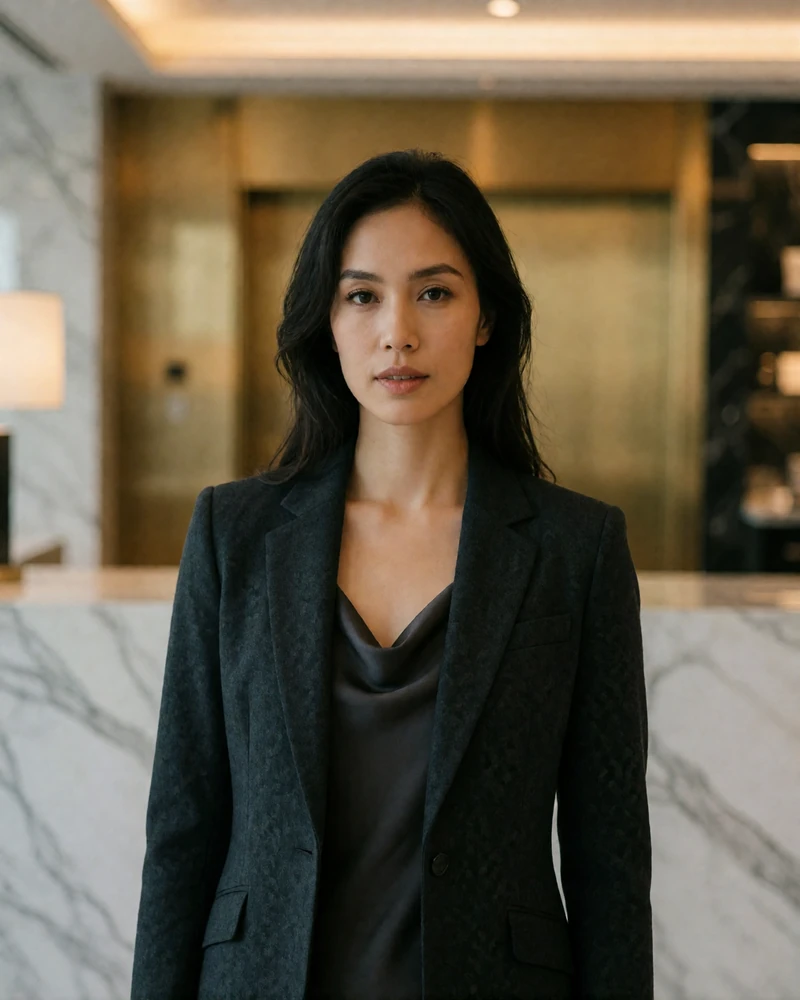 Malaysian woman in a tailored charcoal blazer standing in a luxury hotel lobby, a verified Malaysian dating profile example