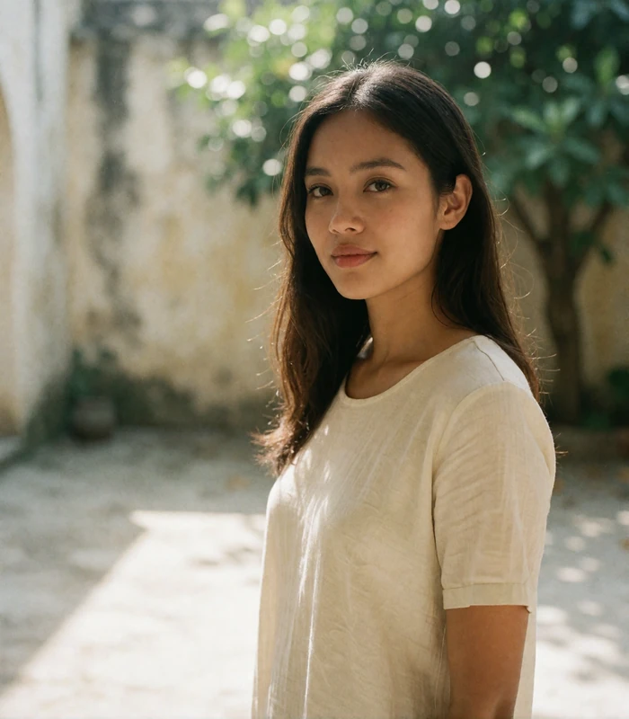 Burmese woman in an ivory cotton top standing in a shaded courtyard, an example of a photo-verified Burmese dating profile