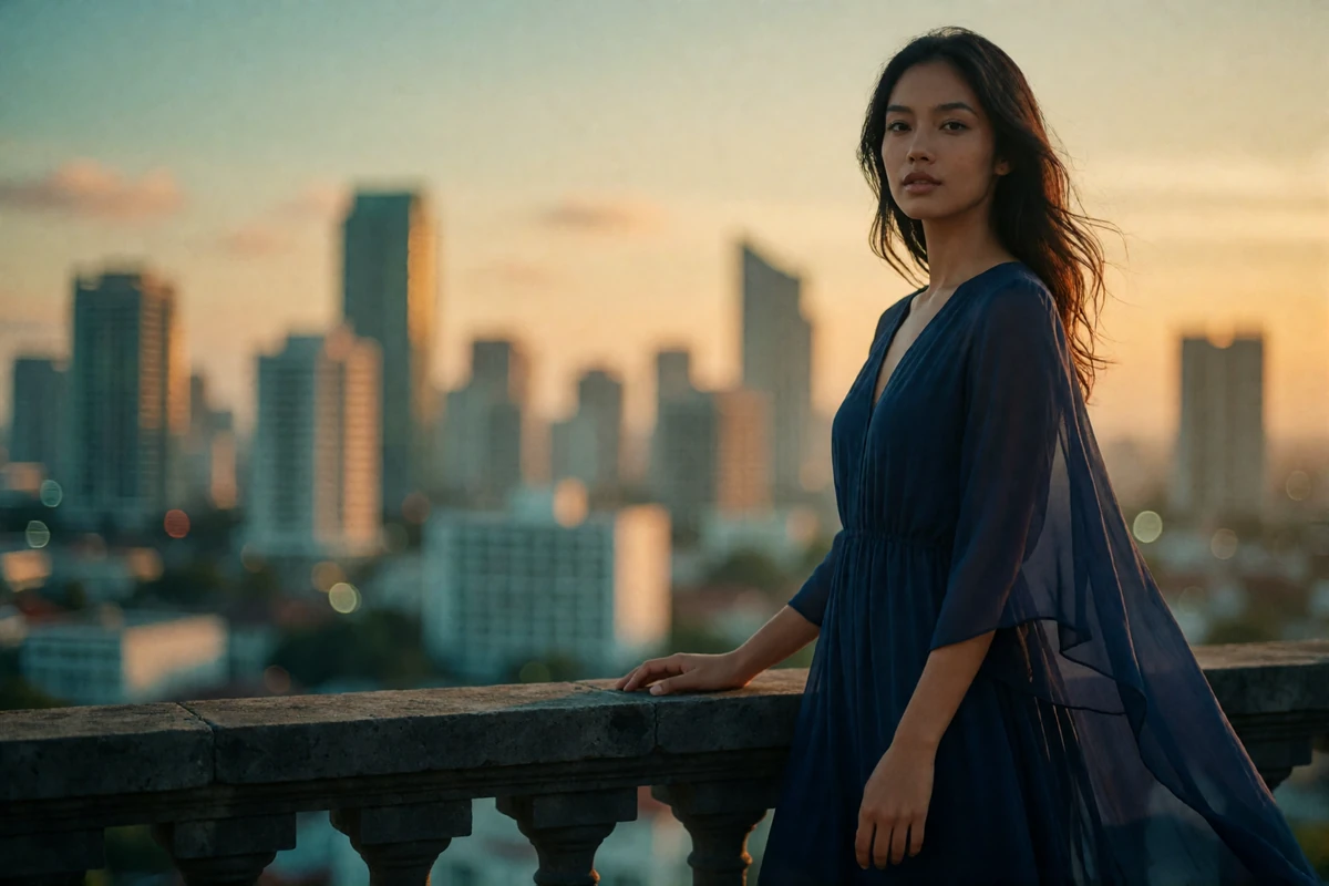 Indonesian woman in a midnight-blue dress on a rooftop lounge terrace above a city skyline at dusk, evening lifestyle photography for Indonesian dating