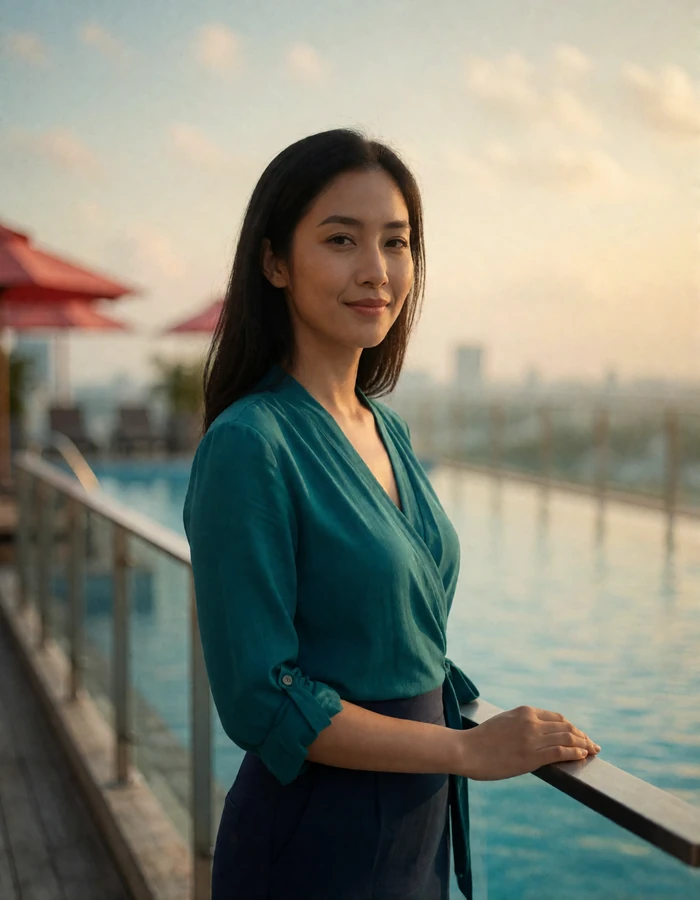 Singaporean woman in a teal wrap blouse beside a rooftop pool deck in late afternoon, lifestyle portrait for a Singaporean dating profile