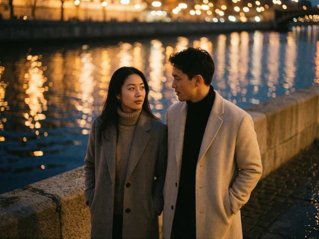 Asian woman and a man in conversation while walking together along an illuminated riverfront promenade at night