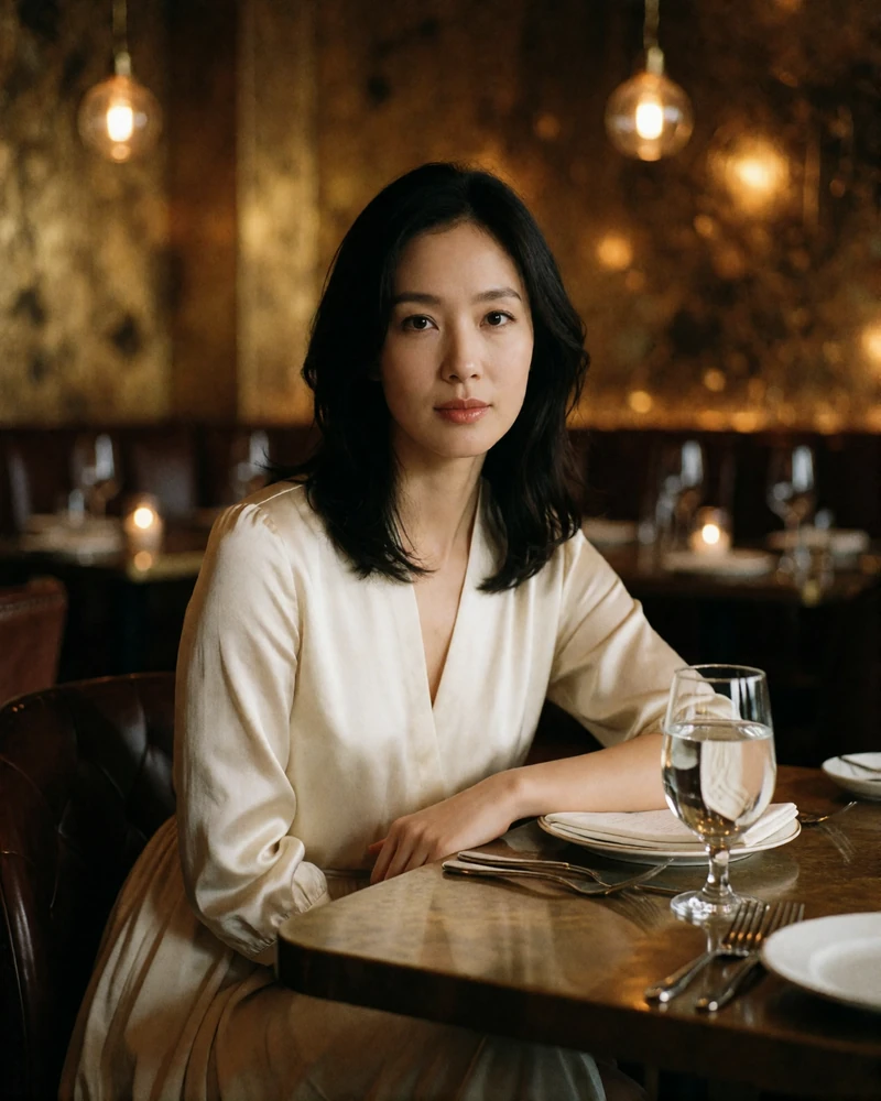 Korean woman in an ivory silk dress seated at a fine dining restaurant table, evening portrait illustrating a verified Korean dating profile