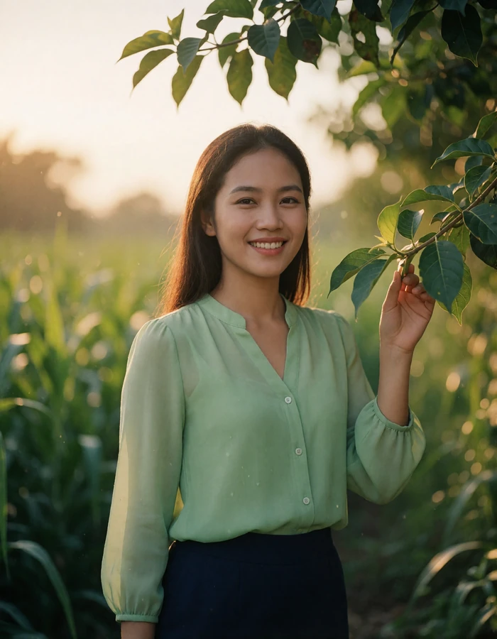 Southeast Asian woman in a soft green blouse smiling in a leafy garden in late afternoon light