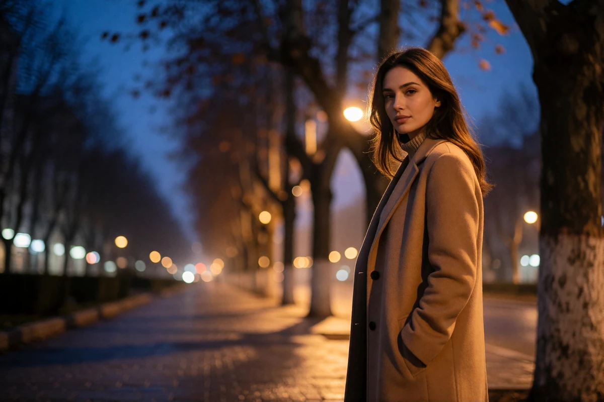 Elegant Uzbek woman on a softly lit city boulevard at evening