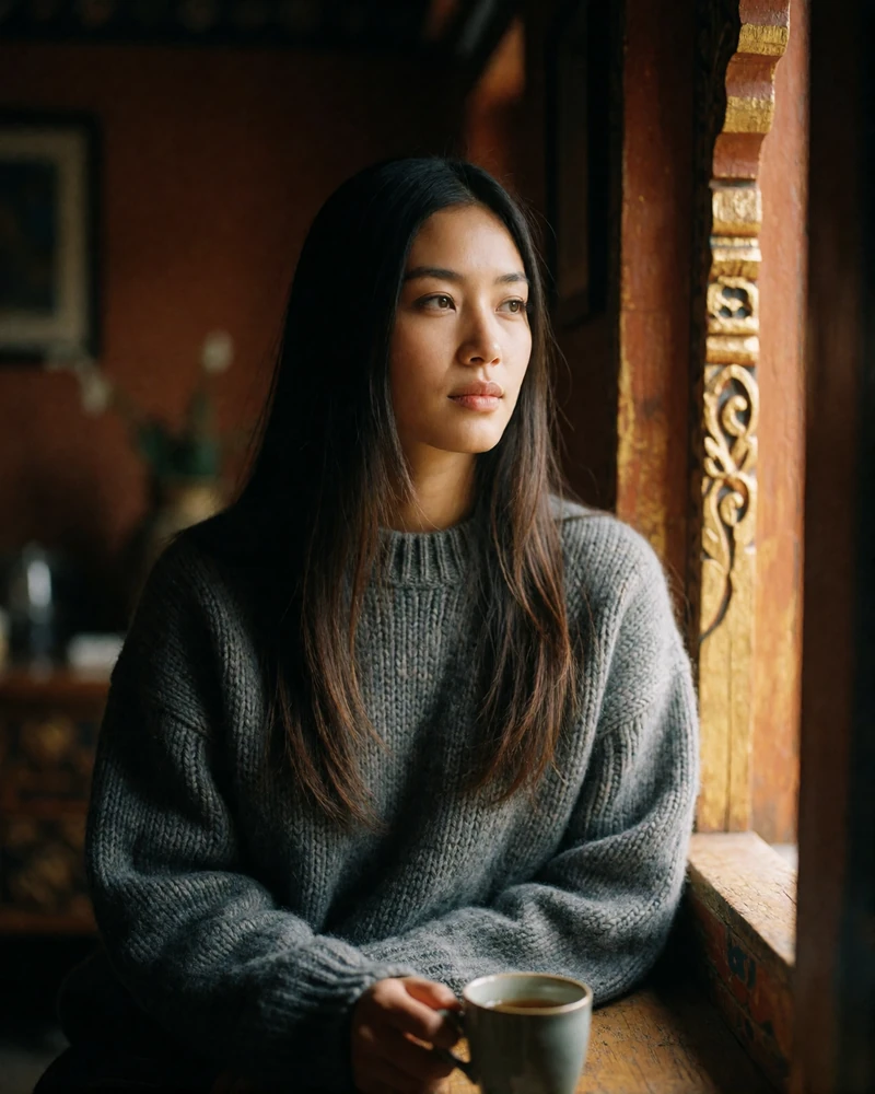Bhutanese woman in a grey knit sweater seated beside a carved wooden window with tea, thoughtful Himalayan dating profile portrait