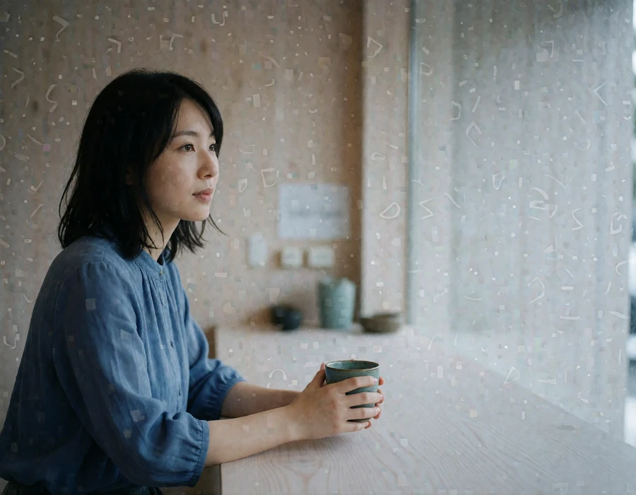 Japanese woman in a soft blue blouse holding a ceramic cup at a light wood counter in a quiet modern tea house