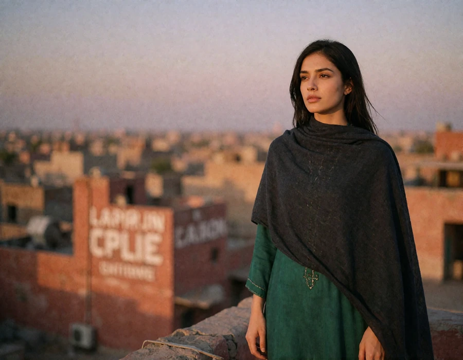 Pakistani woman in a charcoal shawl on a rooftop overlooking the city at dusk, illustrating a Naomidate profile style