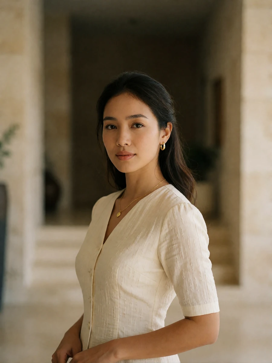 Poised Indonesian woman in an ivory blouse in a softly lit modern interior, an example of a verified Indonesian dating profile portrait